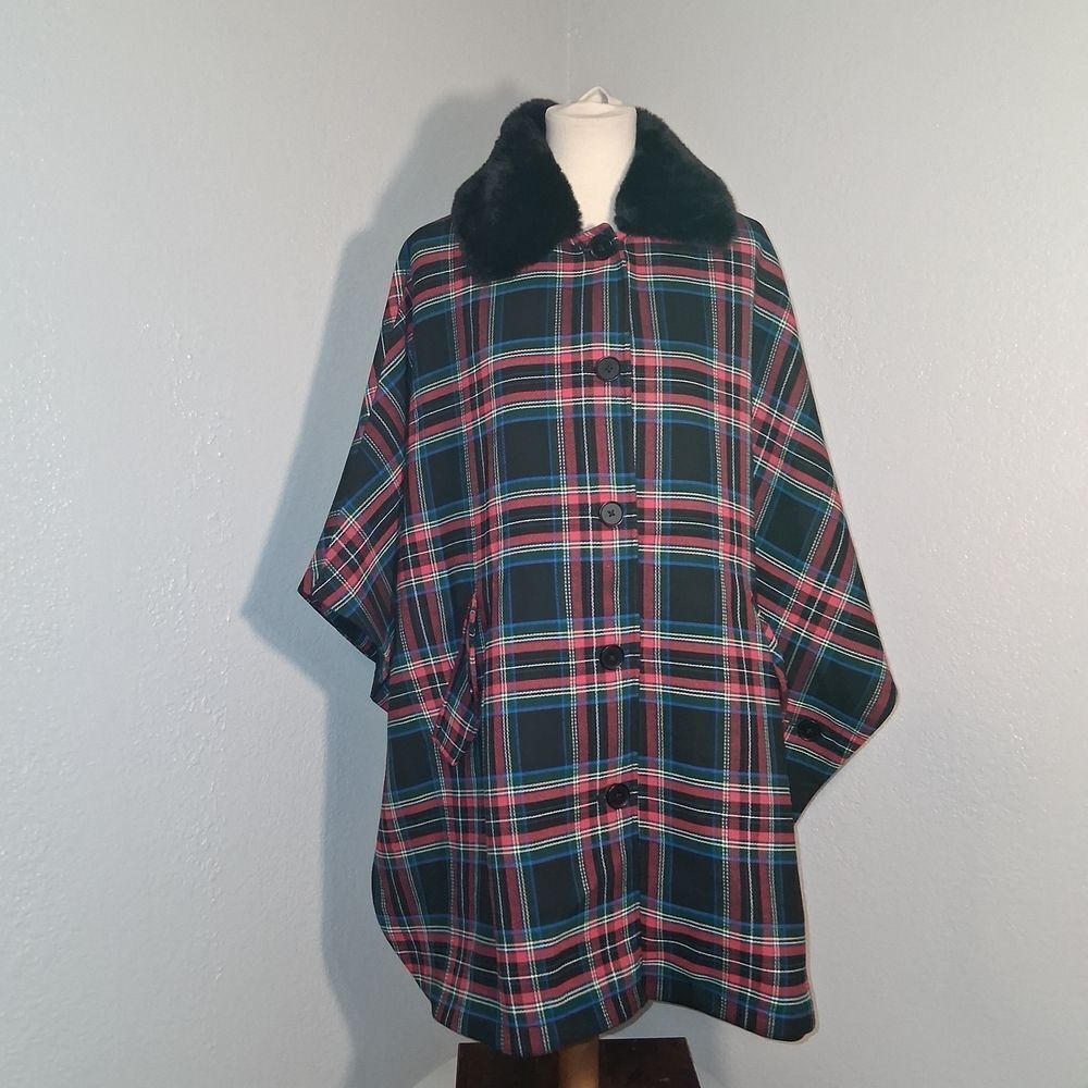 Jones New York Plaid Women's Cape Coat with Faux Fur Collar Size S/M
